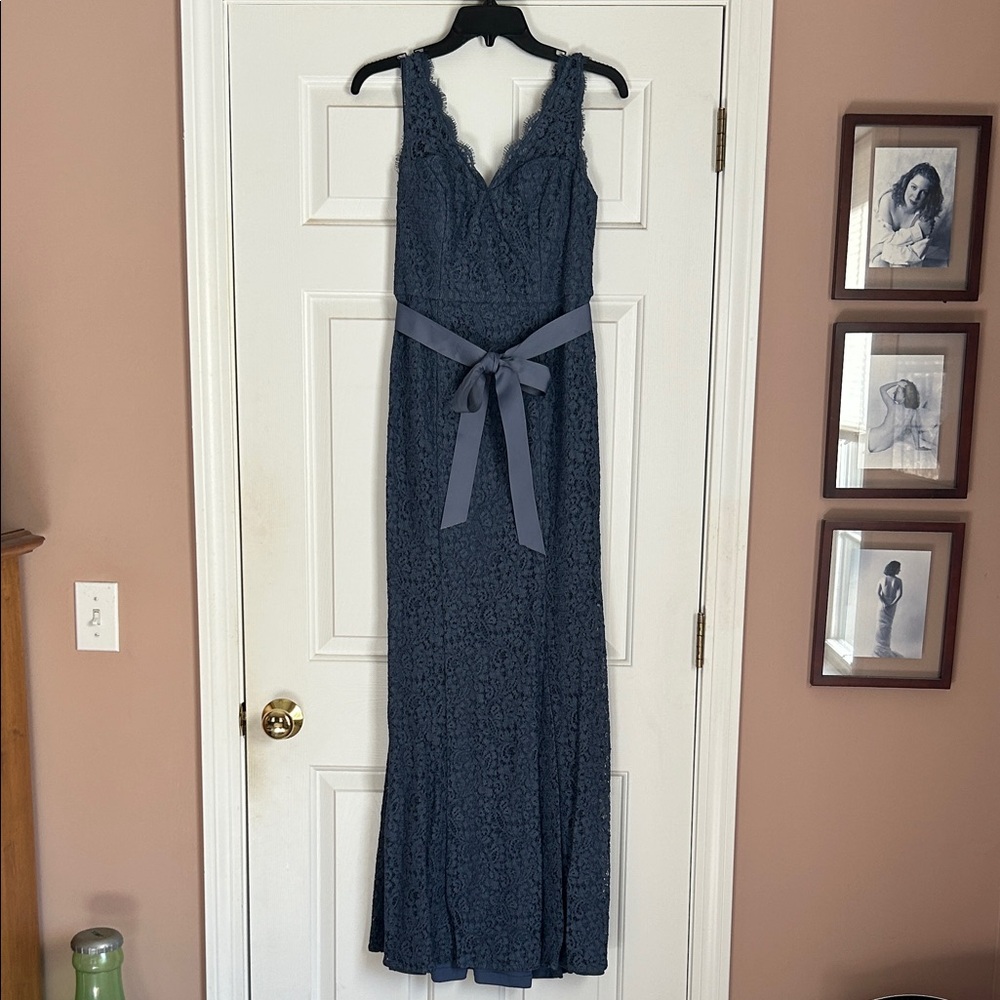 Adrianna Papell Blue Lace Maxi Dress with Sash